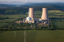 Building remains of the reactor units and facilities of the NPP nuclear power plant Kernkraftwerk Grohnde on Weser in Emmerthal in the state Lower Saxony, Germany from above