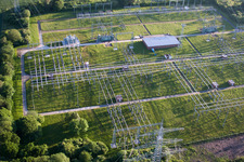 Aerial view of Site of the substation for voltage conversion and electrical power supply of Kernkraftwerk Grohnde in Emmerthal in the state Lower Saxony, Germany