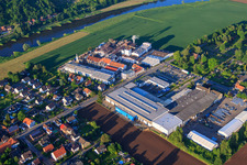 Aerial view of Chemical plant of Dr. Paul Lohmann GmbH & Co. KGaA on the banks of the Weser in the district Kirchohsen in Emmerthal in the state Lower Saxony, Germany