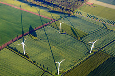 Aerial view of Kugelberg Hohe wind farm - Vestas V80-2MW in the district Brökeln in Hehlen in the state Lower Saxony, Germany