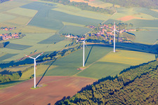 Aerial photograpy of Kugelberg Hohe wind farm - Vestas V80-2MW in the district Brökeln in Hehlen in the state Lower Saxony, Germany