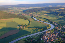 Aerial view of Village on the banks of the Weser in Polle in the state Lower Saxony, Germany