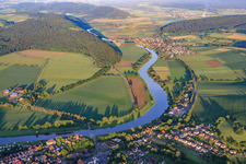 Aerial photograpy of Village on the banks of the Weser in Polle in the state Lower Saxony, Germany