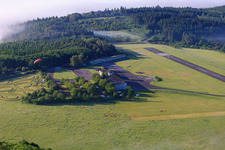 Aerial view of Parachute field at the Höxter-Holzminden airfield (EDVI) in the district Albaxen in Höxter in the state North Rhine-Westphalia, Germany