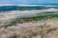 Aerial view of Place in the fog in front of the wind farm Fürstenau in the district Fürstenau in Höxter in the state North Rhine-Westphalia, Germany