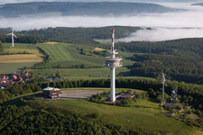 Aerial view of Telecommunication tower Köterberg and radio installation STOB791884 and STOB790269 on the Köterberg in the district Köterberg in Lügde in the state North Rhine-Westphalia, Germany