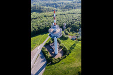 Aerial view of Radio tower and transmitter on the crest of the mountain range Koeterberg in Luegde in the state North Rhine-Westphalia, Germany