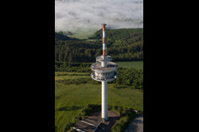 Aerial photograpy of Telecommunication tower Köterberg and radio installation STOB791884 and STOB790269 on the Köterberg in the district Köterberg in Lügde in the state North Rhine-Westphalia, Germany