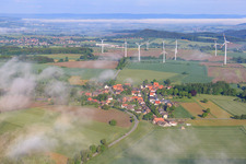 Aerial view of Vörden wind farm behind the village in the district Hohehaus in Marienmünster in the state North Rhine-Westphalia, Germany