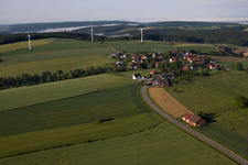 Wind turbine windmills on a field in the district Bremerberg in Marienmuenster in the state North Rhine-Westphalia