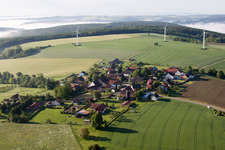 Aerial view of Wind turbine windmills on a field in the district Bremerberg in Marienmuenster in the state North Rhine-Westphalia