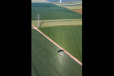 Shadow of paraglider next to high-voltage pylon in the district Bredenborn in Marienmünster in the state North Rhine-Westphalia, Germany