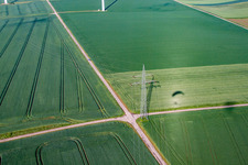 Aerial view of Shadow of paraglider next to high-voltage pylon in the district Bredenborn in Marienmünster in the state North Rhine-Westphalia, Germany