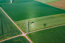 Aerial photograpy of Shadow of paraglider next to high-voltage pylon in the district Bredenborn in Marienmünster in the state North Rhine-Westphalia, Germany