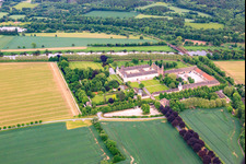 UNESCO World Heritage Site Corvey Castle on the banks of the Weser with castle restaurant, Weser-Aktivhotel-Corvey and Remtergarten State Garden Show Höxter in Höxter in the state North Rhine-Westphalia, Germany