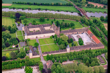 Aerial photograpy of UNESCO World Heritage Site Corvey Castle on the banks of the Weser with castle restaurant, Weser-Aktivhotel-Corvey and Remtergarten State Garden Show Höxter in Höxter in the state North Rhine-Westphalia, Germany