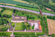 UNESCO World Heritage Site Corvey Castle on the banks of the Weser with castle restaurant, Weser-Aktivhotel-Corvey and Remtergarten State Garden Show Höxter in Höxter in the state North Rhine-Westphalia, Germany from above