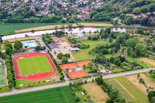 Aerial view of Sports center on the banks of the Weser with outdoor pool Höxter, Weserkampfbahn of the Phönix 95 Höxter, Wesercamping Höxter and Tennis Club Rot-Weiß Höxter in Höxter in the state North Rhine-Westphalia, Germany