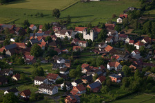 Aerial view of Town View of the streets and houses of the residential areas in the district Boekendorf in Brakel in the state North Rhine-Westphalia