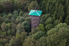 Aerial view of Hungerberg observation tower in the district Vörden in Marienmünster in the state North Rhine-Westphalia, Germany