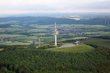 Telecommunication tower Köterberg and radio installation STOB791884 and STOB790269 on the Köterberg in the district Köterberg in Lügde in the state North Rhine-Westphalia, Germany from above