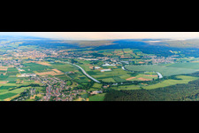 City panorama with Weser loop from the south in the evening in Holzminden in the state Lower Saxony, Germany