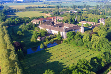 Aerial photograpy of UNESCO World Heritage Site Corvey Castle on the banks of the Weser with Remter Garden State Garden Show Höxter in Höxter in the state North Rhine-Westphalia, Germany