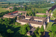 UNESCO World Heritage Site Corvey Castle on the banks of the Weser with Remter Garden State Garden Show Höxter in Höxter in the state North Rhine-Westphalia, Germany from above