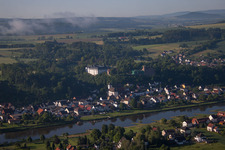 Village on the river bank areas of the Weser river in the district Herstelle in Beverungen in the state North Rhine-Westphalia, Germany