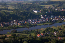 Aerial view of Benedictine Abbey of the Holy Cross Herstelle in the district Herstelle in Beverungen in the state North Rhine-Westphalia, Germany