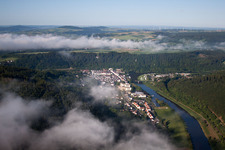 Aerial view of Town on the banks of the river of the Weser river in the district Karlshafen in Bad Karlshafen in the state Hesse