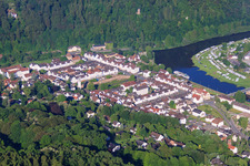 Aerial view of Historic Old Town with Friedrichstraße, Hafenpl. and Karlshafen in Bad Karlshafen in the state Hesse, Germany