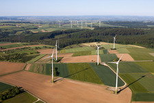 Aerial view of Wind farm Haarbrück-Wortberg in the district Haarbrück in Beverungen in the state North Rhine-Westphalia, Germany