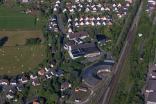 Aerial view of Railway depot and repair shop for maintenance and repair of trains in the district Ottbergen in Hoexter in the state North Rhine-Westphalia, Germany