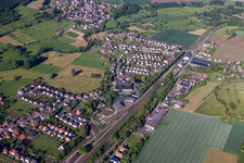 Aerial photograpy of Railway depot and repair shop for maintenance and repair of trains in the district Ottbergen in Hoexter in the state North Rhine-Westphalia, Germany