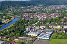 Industrial area Von-Siemens-Straße on the Weser riverbank with Optibelt GmbH in Höxter in the state North Rhine-Westphalia, Germany
