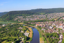 Weser Bridge and center with Kiliani Church in Höxter in the state North Rhine-Westphalia, Germany