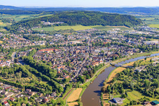 City view on the Weser bank from the south with Marktstr in Höxter in the state North Rhine-Westphalia, Germany
