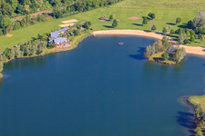 Beach of Lake Godelheim in Höxter in the state North Rhine-Westphalia, Germany seen from above
