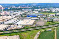 Aerial view of Hafenstraße / Röntgenstraße industrial area beyond the A70 with ZF Friedrichshafen South plant in the district Oberndorf in Schweinfurt in the state Bavaria, Germany