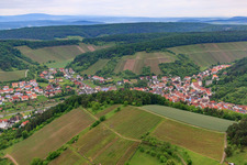 Aerial view of Vineyards around the wine-growing village in Ramsthal in the state Bavaria, Germany