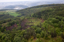Aerial photograpy of Old basalt quarry Sodenberg in the district Morlesau in Hammelburg in the state Bavaria, Germany