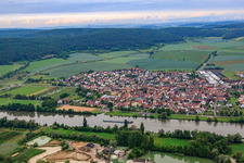 Aerial view of Village view from the east across the Main in the district Karlburg in Karlstadt am Main in the state Bavaria, Germany