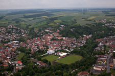 Town View of the streets and houses of the residential areas in Arnstein in the state Bavaria from above
