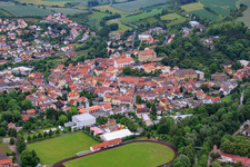 Aerial view of Sports field of the football club Arnstein 1920 eV in Arnstein in the state Bavaria, Germany