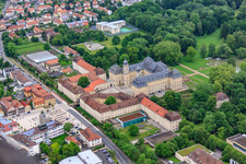 Aerial photograpy of Castle park and castle Werneck with castle church and Albert Schweitzer House in Werneck in the state Bavaria, Germany
