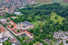 Castle park and castle Werneck with castle church and Albert Schweitzer House in Werneck in the state Bavaria, Germany out of the air