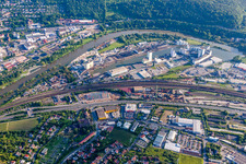 Quays and boat moorings at the port of the inland port Neuer Hafen on Main in Wuerzburg in the state Bavaria, Germany