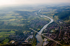 Aerial photograpy of Railway River - bridge construction crossing the Main river in Veitshoechheim in the state Bavaria, Germany