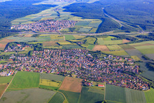 View of the town from the north (behind the A3 Kist) in Eisingen in the state Bavaria, Germany